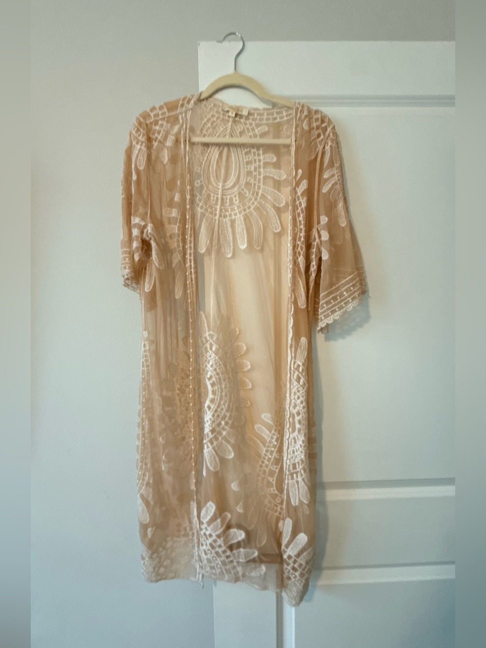 Rebellion Sheer Beige Mesh Top with White Embroidery